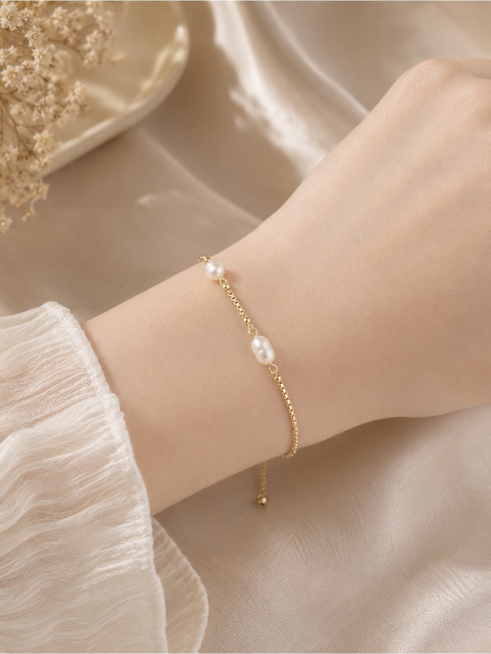 #174 18K Gold Plated Natural Pearl Women Bracelet White